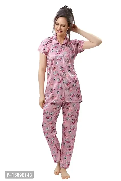 Peignoir Printed Satin Shirt  Pyjama Night Suit for Women, Pink - L-thumb0