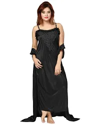 Be You Women's Satin Solid Nighty with Robe (Black,Free Size)-thumb1