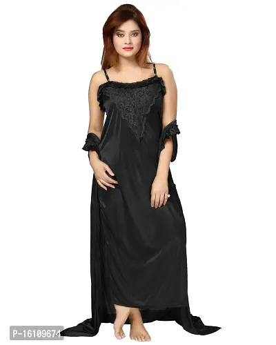 Be You Women's Satin Solid Nighty with Robe (Black,Free Size)-thumb2