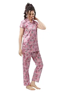 Peignoir Printed Satin Shirt  Pyjama Night Suit for Women, Pink - L-thumb3