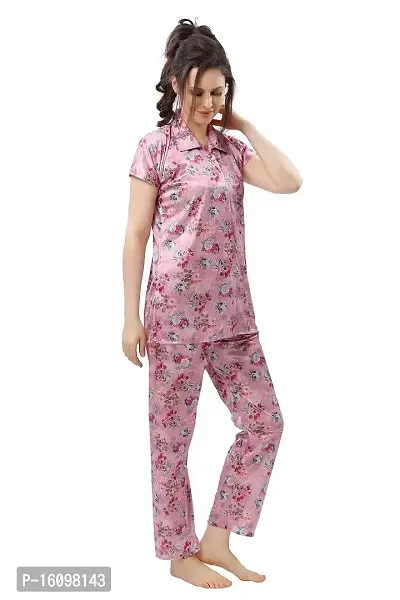 Peignoir Printed Satin Shirt  Pyjama Night Suit for Women, Pink - L-thumb4