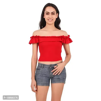 Be You Cotton Women Ruffled Off Shoulder Crop Top (Red/Size-XL)