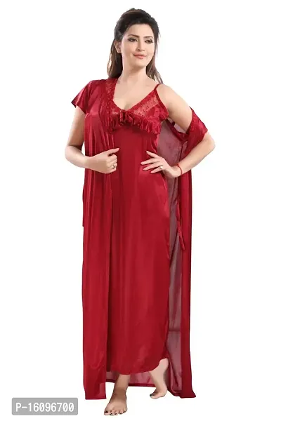 Be You Solid Women Satin Nighty with Robe (Maroon, Free Size)-thumb4