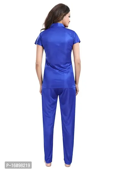 Be You Women Satin Shirt  Pyjama Night Suit (Royal Blue)-thumb2