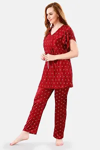 Be You Printed Satin Kaftan Night Suit for Women, Maroon - Free Size-thumb2