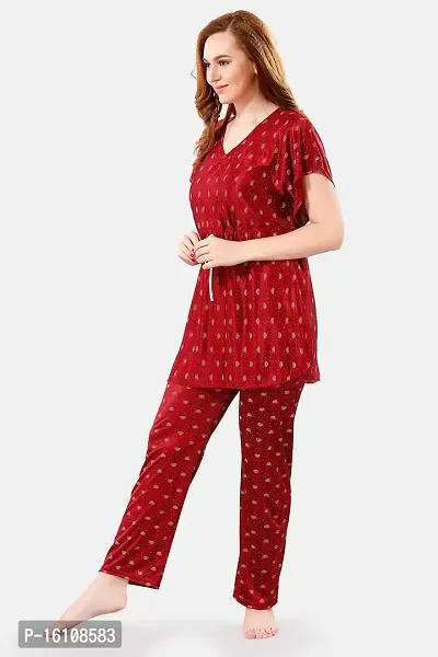 Be You Printed Satin Kaftan Night Suit for Women, Maroon - Free Size-thumb3