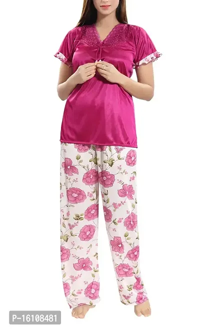 Be You Women's Floral Satin Top  Pyjama Set/Night Suit - Free Size - MagentaBe You Women's Floral Satin Top  Pyjama Set/Night Suit - Free Size-thumb0