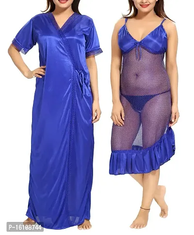 Be You Women's Satin Solid Nighty with Robe (BUF-NIGHTY-896, Blue, Free Size)-thumb0