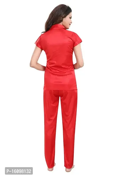 Be You Women Satin Shirt  Pyjama Night Suit (Red)-thumb2