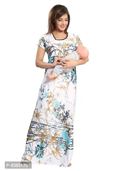 Lovira Women's Satin Floral Full Length Feeding Gown (Blue , Free Size )