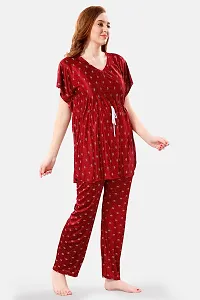 Be You Printed Satin Kaftan Night Suit for Women, Maroon - Free Size-thumb3