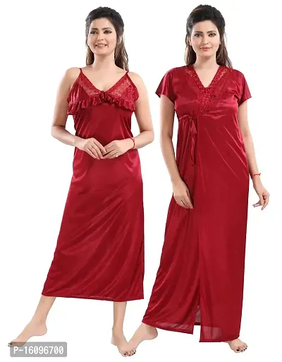 Be You Solid Women Satin Nighty with Robe (Maroon, Free Size)-thumb0