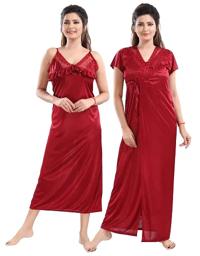 Be You Solid Women Satin Nighty with Robe (Maroon, Free Size)