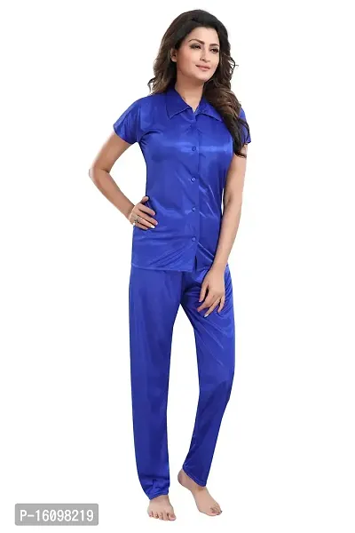 Be You Women Satin Shirt  Pyjama Night Suit (Royal Blue)