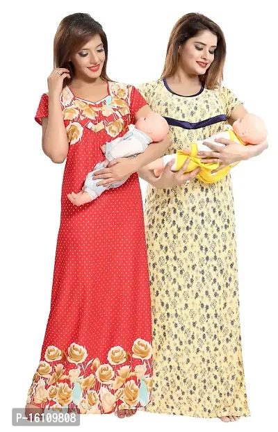 Be You Women's Satin Floral Maxi Maternity Nightgown (Pack of 2) (BUF-COMBO-955_1603_Yellow  Red)