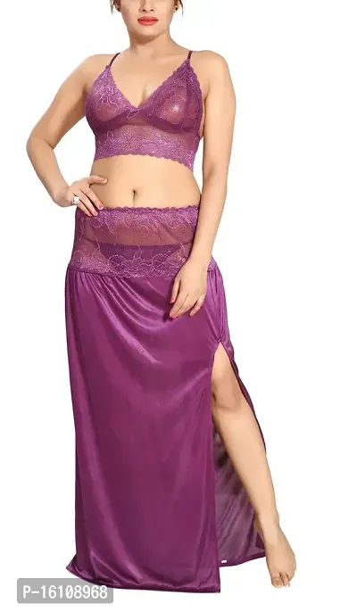 Be You Purple Satin Women Bralette Top  Skirt/Nighty Set-thumb0