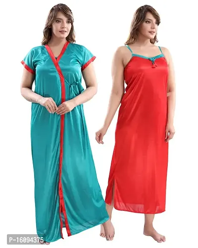 Be You Solid Women Satin Nighty with Robe (Turquoise, Free Size)-thumb0