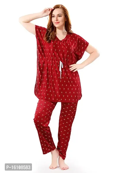 Be You Printed Satin Kaftan Night Suit for Women, Maroon - Free Size-thumb0