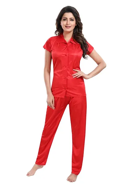 Be You Women Satin Shirt Pyjama Night Suit (Red)