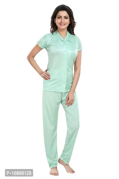 Be You Women Satin Shirt  Pyjama Night Suit (Mint Green)-thumb0