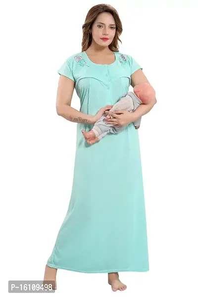 Be You Women's Cotton Striped Maxi Maternity/Nursing/Feeding Nighty (BUF-GOWN-1488_Light Green_Free Size)