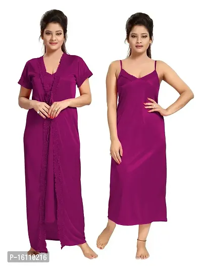 Be You Magenta Solid Women Satin Nighty with Robe (Free Size)