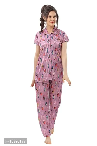 Peignoir Printed Satin Shirt  Pyjama Night Suit for Women, Light Pink - L