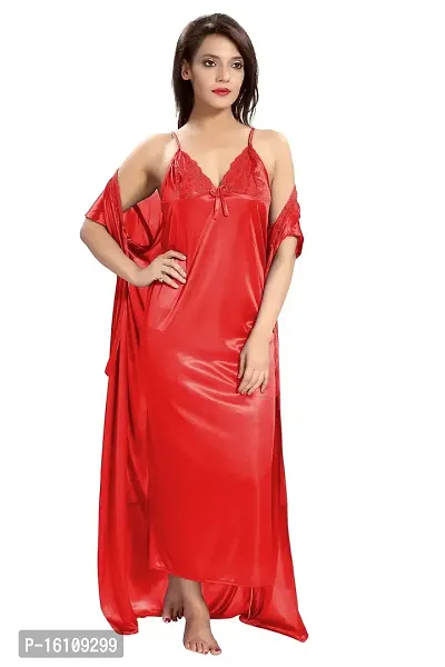 Be You Satin Women's Nighty with Robe Red-thumb2