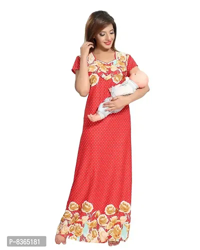Lovira Women's Serena Satin Floral Printed Full Length Maternity Gowns (Red , Free Size )