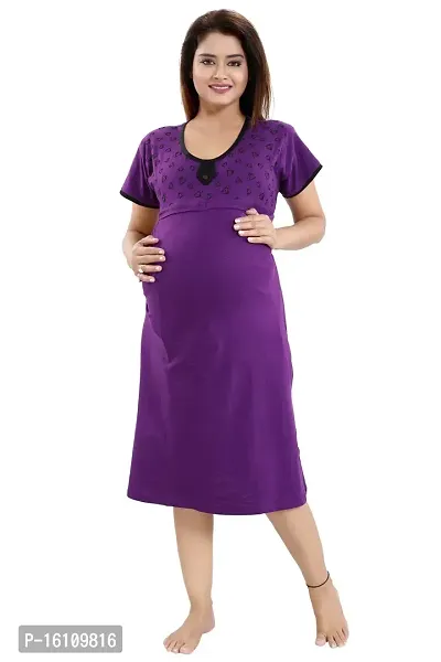 Be You Women's Cotton Solid Knee Length Maternity Night Gown (BUF-SHORT-GOWN-1530_Purple)