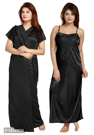 Be You Women's Satin Solid Nighty with Robe (Black,Free Size)-thumb0