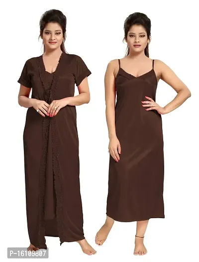 Be You Brown Solid Women Satin Nighty with Robe (Free Size)-thumb0