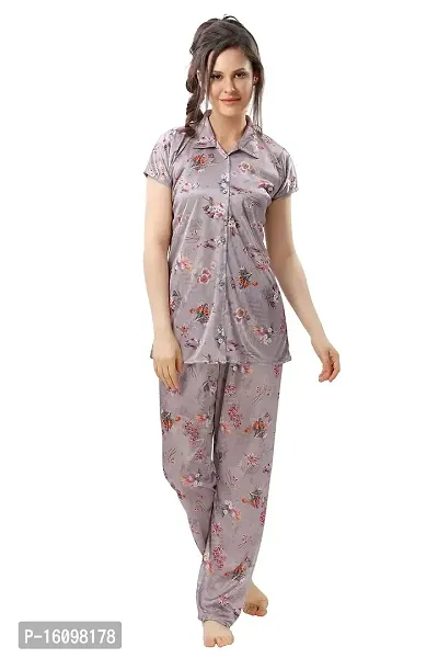 Peignoir Printed Satin Shirt  Pyjama Night Suit for Women, Pastel Gray - L