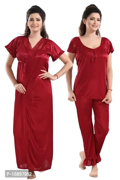 Be You Solid Women Satin 3 Pcs Nightwear Set (Maroon, Free Size)-thumb0