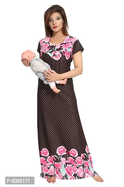 Lovira Women's Serena Satin Floral Printed Full length Feeding/Maternity Gowns ( Dark Brown, free size)