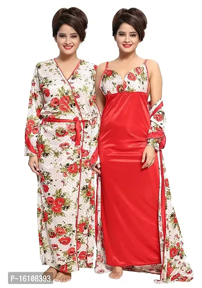 Be You Women Satin Floral Robe  Nighty Set - Red - Free Size-thumb0