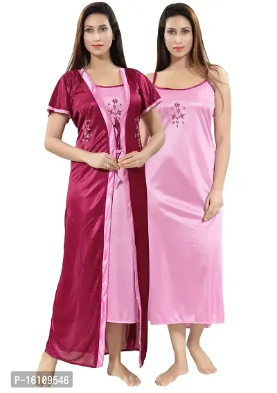 Be You Multicolor Solid Women Nighty with Robe (2 Pieces Nighty Set) Magenta-Pink