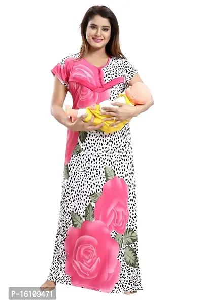 Be You Women's Satin Floral Maxi Maternity/Nursing/Feeding Nighty (BUF-GOWN-1582_Pink-Floral_Free Size)
