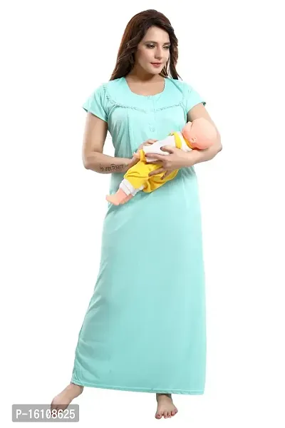 Be You Striped Cotton Maternity Gown/Feeding Gown for Women, Light Green - L