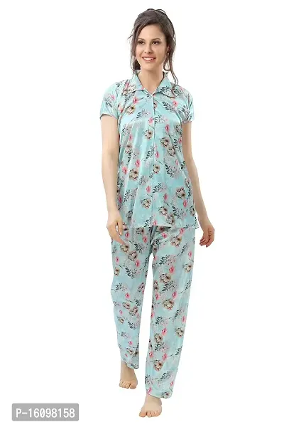 Peignoir Printed Satin Shirt  Pyjama Night Suit for Women, Light Turquoise - L