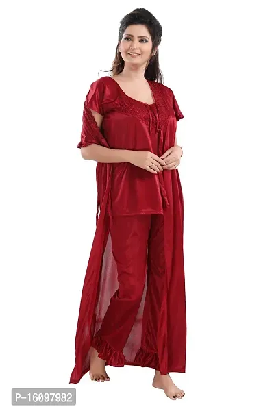 Be You Solid Women Satin 3 Pcs Nightwear Set (Maroon, Free Size)-thumb4