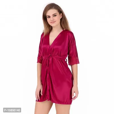 Peignoir Solid Satin Nightwear Set (1 Robe, 1 Bra, 1 Panty) for Women-thumb4