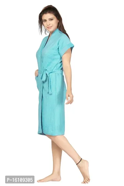 Be You Terry Cotton Solid Women Bath Robe - Blue - Free Size-thumb3