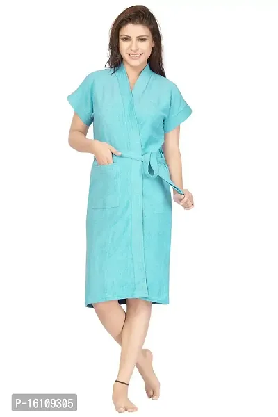 Be You Terry Cotton Solid Women Bath Robe - Blue - Free Size