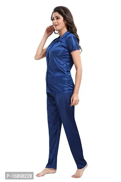 Be You Women Satin Shirt  Pyjama Night Suit (Dark Blue)-thumb4