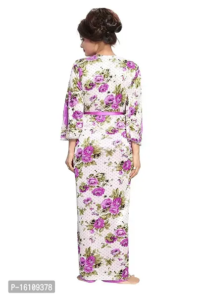 Be You Women Satin Floral Robe  Nighty Set - Purple - Free Size-thumb4