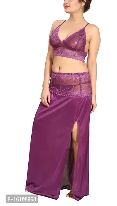Be You Purple Satin Women Bralette Top  Skirt/Nighty Set-thumb2
