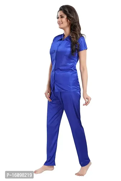 Be You Women Satin Shirt  Pyjama Night Suit (Royal Blue)-thumb4