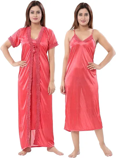 Be You Solid Women Satin Nighty with Robe (Multicolor, Free Size)