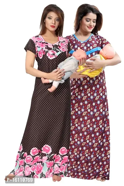 Be You Women's Satin Floral Maxi Maternity/Feeding Nighty (BUF-COMBO-954_1636, Multicolour, Free Size)-thumb0